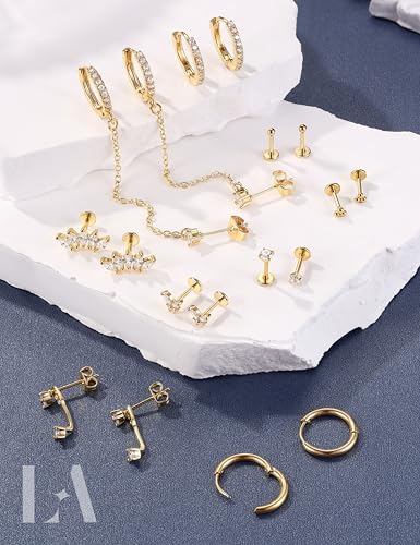LOLIAS 16G/18G/20G Flat Back Earrings for Women Threadless Surgical Steel Stud Hoop Earrings Push in Nose Studs Hypoallergenic CZ Cartilage Earring Set Labret Helix Tragus Conch Piercing Jewelry - color: 14K Gold, size: 20G(0.8MM)-Heart&Flower