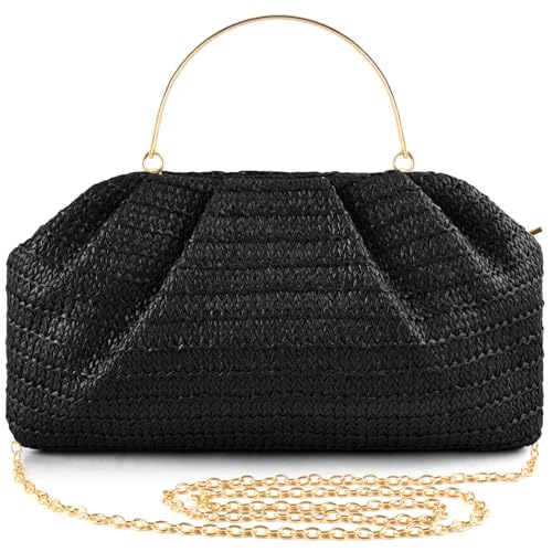 ERKOON Clutch Purse for Women Elegant Pleated Evening Bag Crossbody Shoulder Handbag Envelope Bag with 2 Detachable Chain - color: Black-1