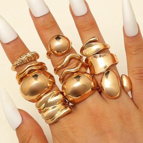 9-11PCS Gold Stackable Rings Set for Women - Gold Plated Adjustable Chunky Statement Rings for Daily Wear, Layering, Parties - style: 11PCS Gold