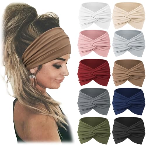 Jesries 10 PCS Women Headbands African Wide Hair Wrap Extra Turban Head Bands for Lady Large Sport Workout Stretch Non-slip Big Hair Bands - color: Brown