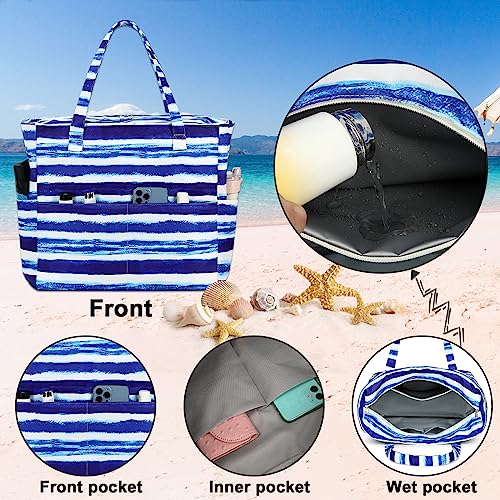 Bluboon Waterproof Beach Tote Pool Bags for Women Ladies Extra Large Carry On Bag With Wet Compartment for Weekender Travel - color: Blue White Stripes
