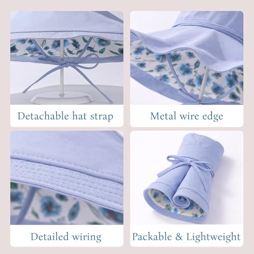 Wide Brim Sun Hat for Women Reversible Beach Hats Metal Wired Edge Gardening Hats, UPF 50+ Bucket Summer Hat - color: Blue