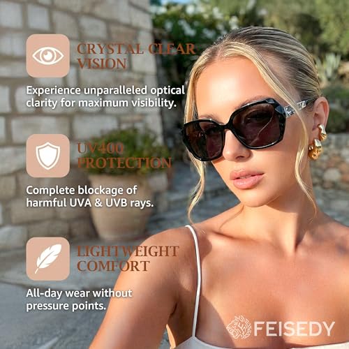 FEISEDY Polarized Women Square Sunglasses Sparkling Composite Shiny Frame B2289 - color: Glossy Black