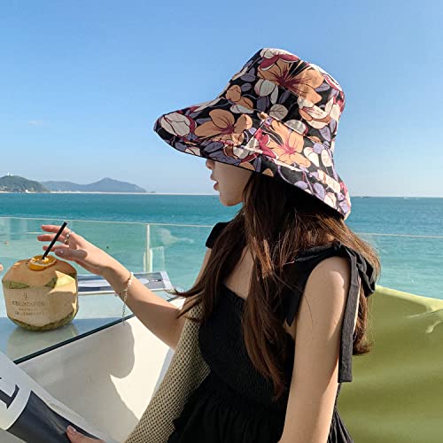 HUAMULAN Women Summer Sun Hat Wide Brim Wired Edge Floral Beach Bucket Hats Reversible Foldable Travel UV Protection Lady Hat - color: M1744-black