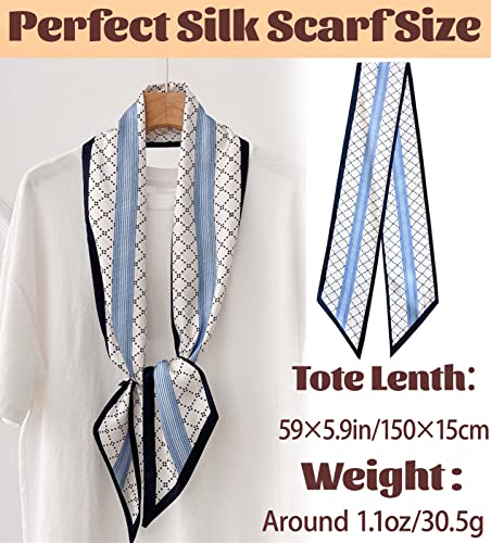 kcctoo 59" Mulberry Silk Like Head Scarf Women's Fashion Square Neck Satin Scarfs for Bag Hair Scarves Gift 59 * 5.9” - color: I05-blue Black /Plaid