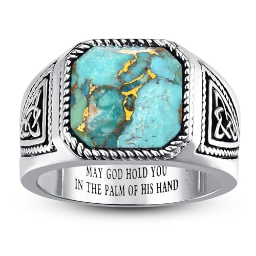 7ct Vintage Teal Turquoise|Emerald|Black Onyx Ring for Men 925 Sterling Silver Men Rings 11mm Square-Cut Mens Cocktail Rings Celtic Pattern Band for Dad Father Size 7-12 - color: Irish Celtic Knot-Genuine Teal Turquoise