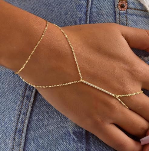 Gold Bracelets for Women Trendy, Dainty Gold Hand Chain Bracelets Stackable 14k Gold Plated Finger Ring Bracelet Hand Chain Cz Flower Layered Link Bracelets for Women Non Tarnish Jewelry Gifts - style: cz layered hand chain bracelet-gold