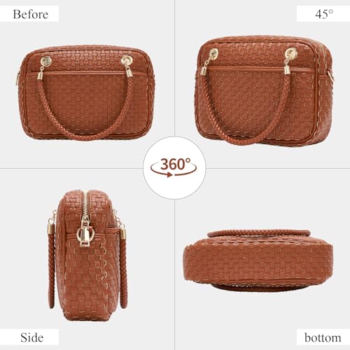 Chic Woven Crossbody Camera Bag, Soft Vegan Leather Purse with Designer Look & Braided Handle - color: Brown