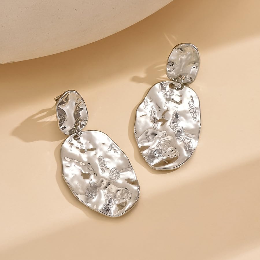 Chunky Irregular Geometry Clip On Earrings for Women, Matte Gold/Silver Retro Oval Dangle Drop Clip Earrings Non Pierced Clips Stetement Jewelry Gifts - color: Silver