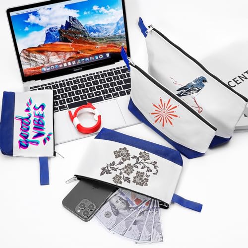 10 Pieces Cotton Canvas Makeup Bag with Bottom and Strap, Multi-Purpose Cosmetic Bag with Zipper Travel Toiletry Pouch, Blank DIY Craft Bag (White&Blue, M) - color: White&Blue, size: M