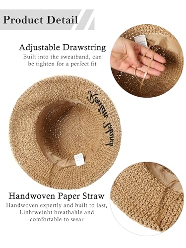 Womens Sun Hat Handmade Crochet Straw Bucket for Summer Foldable Travel Cap - color: Khaki 2