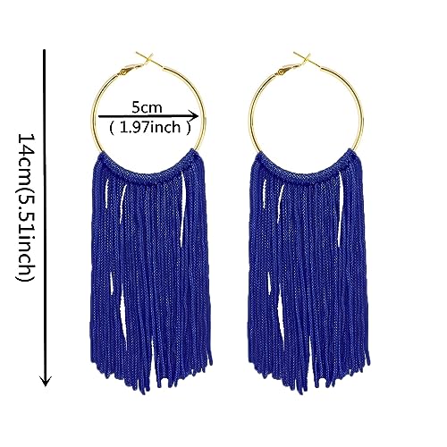 Boho Long Tassel Dangle Earrings for Women Lightweight Circle Hoop Silky Thread Fringe Drop Statemen Earrings - color: dark blue