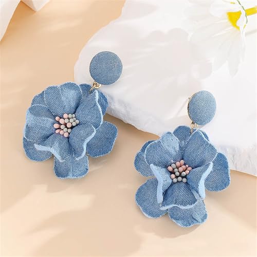 coadipress Boho Denim Camellia Flower Dangle Earrings for Women Exaggerated Big Layered Tiered Blossom Floral Drop Long Earring Chic Statement Earrings Wedding Bridal Jewelry Gifts - style: Flower Core Light Blue