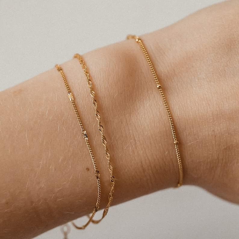 Dainty Bracelets for Women, 14k Gold Plated/Silver Layered Charms Bracelet Herringbone Satellite Beads Box Rope CZ Bracelet Adjustable Cuba Link Chain Bracelet Set Jewelry Gifts - color: 3Layered-Twisted rope-GD