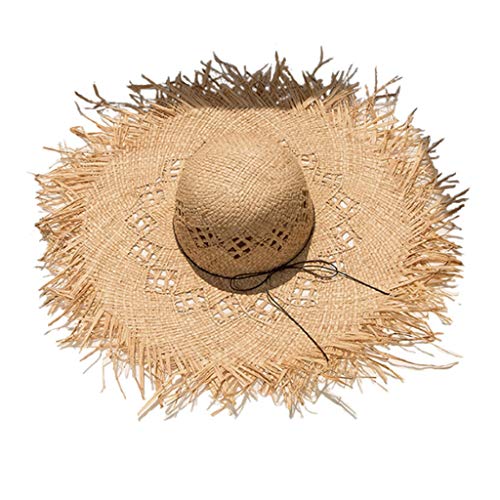 Sun Hat Women Raffia Straw for Sun Hat Big Brim Floppy Fringe Hollow Sunscreen Bucket