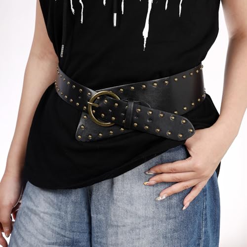 MILAKOO Vintage Punk Leather Waist Belt for Women 80s Goth Costume Cinch Belts Ladies Western Belt for Jean - color: C1: Black