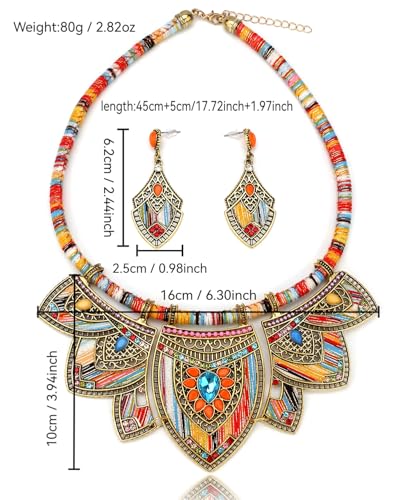 African Tribal Jewelry Set for Women - 2pcs Chunky Colorful Boho Vintage Statement Necklace Earrings Bib Choker Festival Costume Ethnic Accessories - style: Gold Style 2