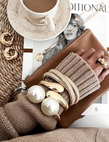 Chunky Gold Bangle Bracelets for Women, Dainty 14k Gold Plated Big Stackable Bangles Set, Trendy Cuff Bracelet Stack Fashion Jewelry Gifts - style: 3 Pearl gold bangles