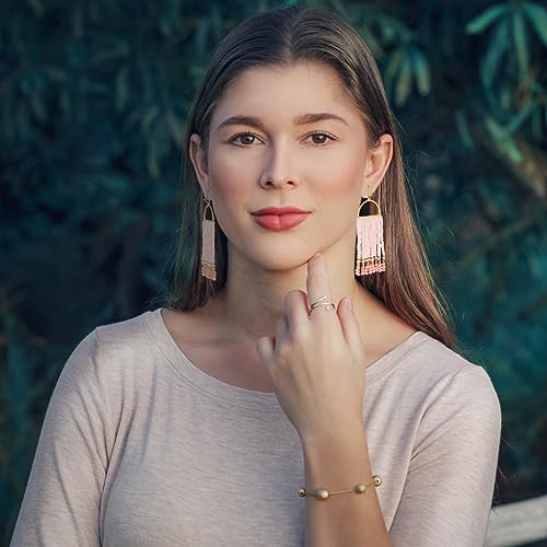 Bohemia Beaded Dangle Earrings - Handmade Seed Bead Earrings, Statement Beaded Tassel Earrings for Women - color: Light Pink