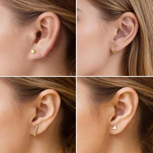 Gold Circle Earrings for Women Circle Stud Earrings Simple Tiny Triangle Square Bar Stud Earrings Trendy Jewelry Gifts - color: A7：4 pairs gold solid earrings set