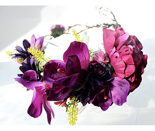 Vivivalue Floral Halo Boho Flower Headband Floral Crown Headpiece Hair Wreath with Ribbon Wedding Party Prom Photos Festival Purple - color: 33