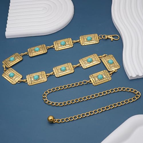 Women Western Chain Belt Adjustable Turquoise Metal Waist Chain Boho Chain Link Belt for Jeans or Dresses - color: Turquoise Square Gold, size: L: 53.1 in/135 cm