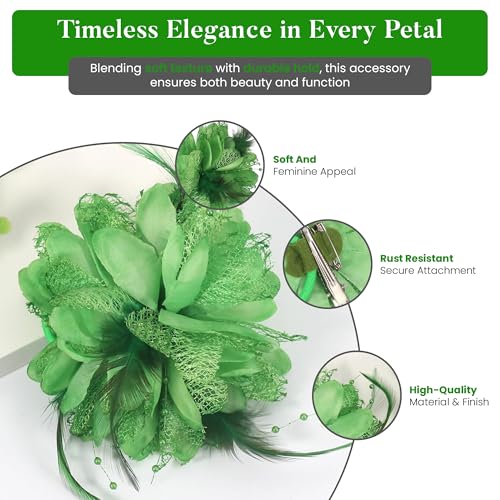 4.72 Inches Rose Hair Clip Flower Brooch Pin & Floral Clips for Woman | Glamorous Large flower Brooches for Women | Fabric Flowers Brooch Pin, Lapel Pins & Rose Hair Clips for Women (Green) - color: Green