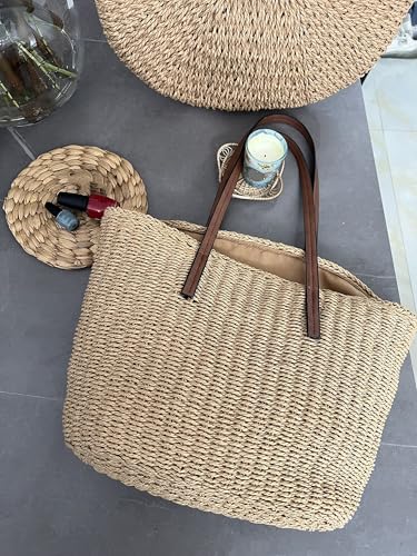 YXILEE Straw Bags For Women | M Size Travel Straw Totes Bag Woven Summer Handmade Shoulder Bag Handbag - color: Khaki