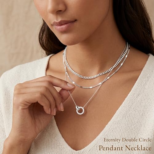 WomenGifts Layered Gold Necklaces for Women, 14K Gold Sterling Silver Plated Dainty Pendant Necklace Set Non Tarnish, Chunky Stackable Cuban Chain Choker, Trendy Birthstone Vacation Jewelry Gift - color: Silver, style: Double Circle