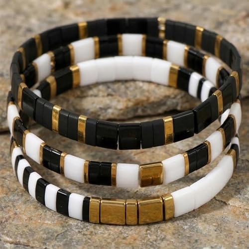 Tila Flat Square Stack Beaded Bracelets Set for Women Men, Boho 3Pcs Romantic Handmade Healing Gold Colorful Stretch Accessories Jewelry, Daily Vacation Party Holiday Friendship Gift - color: Black White Black