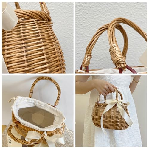 Wicker Basket Lace Ribbon Handbag Vacation Wedding Woven Handbag Drawstring Inner Pouch Daily Use Gift - color: C