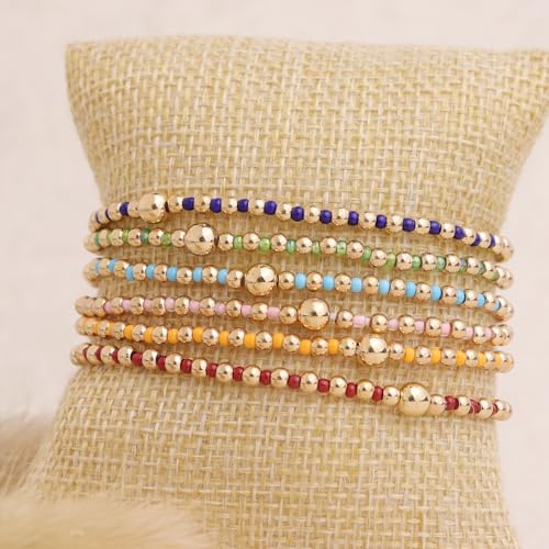 Gold Beaded Stackable Friendship Bracelets Set for Women, Handmade Boho Stretch Summer Jewelry Gift. - color: 0903S