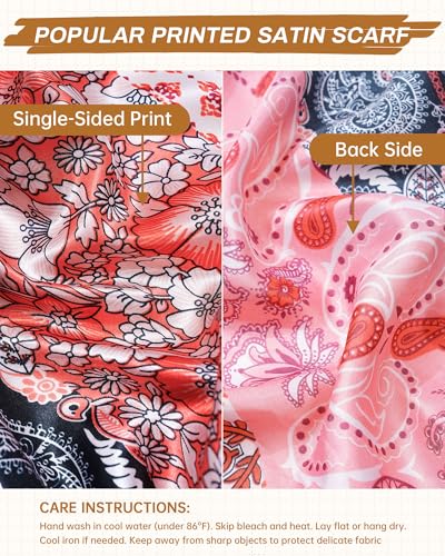 Mesovor 35” Square Head Scarf for Women, 3 Pack Like Silk Satin Headscarf Hair Neck Scarf Top Bandanas for Sleeping - color: Cashew(red/Orange Pink/Gray)