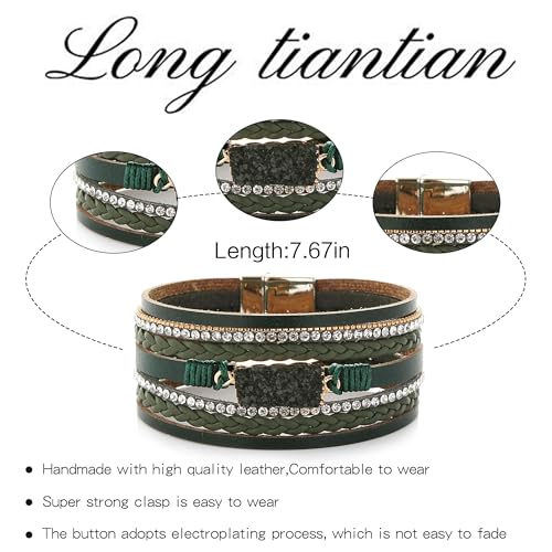 Long tiantian Leather Wrap Bracelets Boho Bracelets for Women Rhinestone Leather Bangles Boho Western Outfit Accessories Jewelry Gifts - color: green