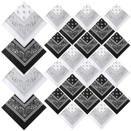 Suhine 24 Pcs Bandanas Bulk for Women Men 22 x 22 Inch Paisley Outdoor Headband Cowboy Handkerchief Summer - color: Black, White