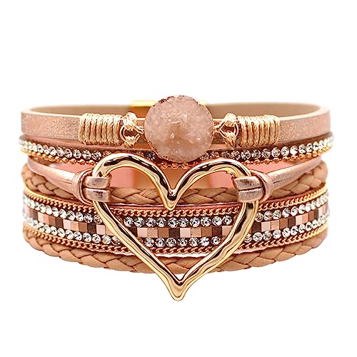 Womens Multi Layer Heart Leather Wrap Bracelet Boho Stackable Cuff Bangle Magnetic Clasp Crystal Birthday Valentine Gift - color: Rose-gold