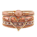 Womens Multi Layer Heart Leather Wrap Bracelet Boho Stackable Cuff Bangle Magnetic Clasp Crystal Birthday Valentine Gift - color: Rose-gold