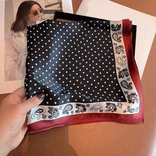 Aufeel Women's 100% Pure Mulberry Silk Small Square Scarf - Neckerchief Women - Silk Headscarf - 21" x 21" - color: Black Dot