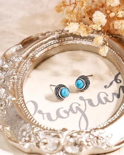 Tibetan Turquoise Earrings 925 Sterling Silver Post Stud Boho Gemstone Hypoallergenic Handmade Earrings for Women Trendy Fashion - style: Round