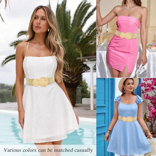 Women Wide Stretchy Waist Belts Elastic Cinch Belt for Dresses - color: Bling Beige Band Gold Buckle, size: Fit Waist 26"-28"