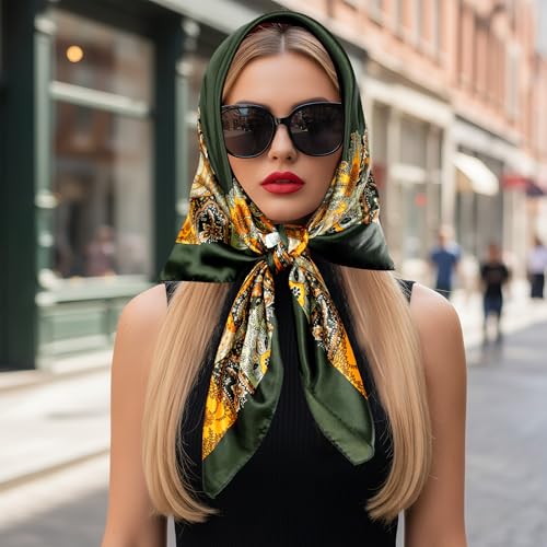 Pistha Head Scarf Bandana for Women, Satin Scarf for Hair, Large Square Silk Bandana Headscarf for Women and Men 35 Inch - style: Classic-green