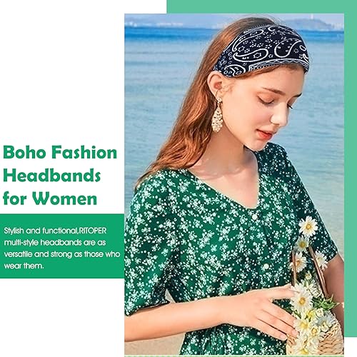 RITOPER Workout Wide Headbands for Women Non Slip, Super Soft Yoga Running Exercise Head Bands, Elastic Sweat Band Hair Bands for Women's Hair, Womens Solid Headband Hair Wrap - color: boho-black2
