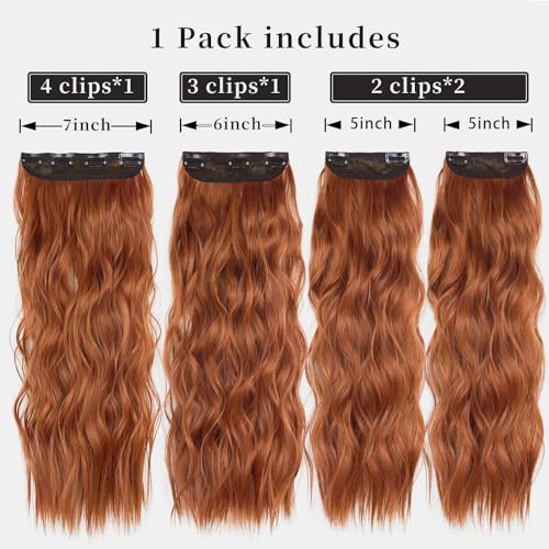 Copper Red Curly Clip In Hair Extensions for Women Synthetic Clip in Long Wavy Extension 20 Inch Double Weft 4PCS Hairpieces Full Head for Women Costume Party Valentine's Day - color: COPPER RED 01