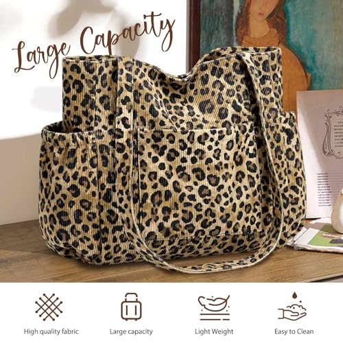 Corduroy Tote Bag for Women,Large Capacity Cute Tote Bags With 6 Pockets,Crossbody Shoulder Handbag for Work Travel Gym - color: Leopard Print