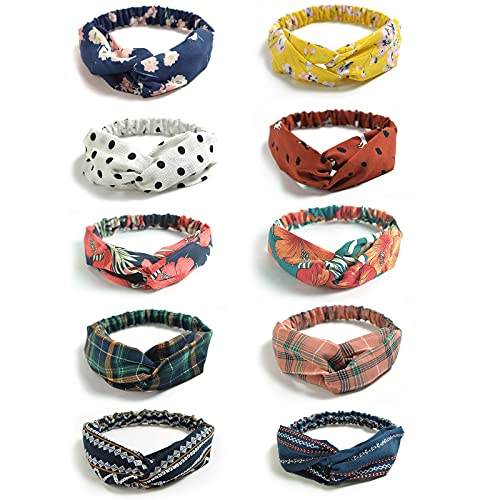 DRESHOW 10 Pack Boho Headbands for Women Vintage Cross Elastic Head Wrap Hair Accessories - color: 10 Pack C: Flower Printed Series VIII