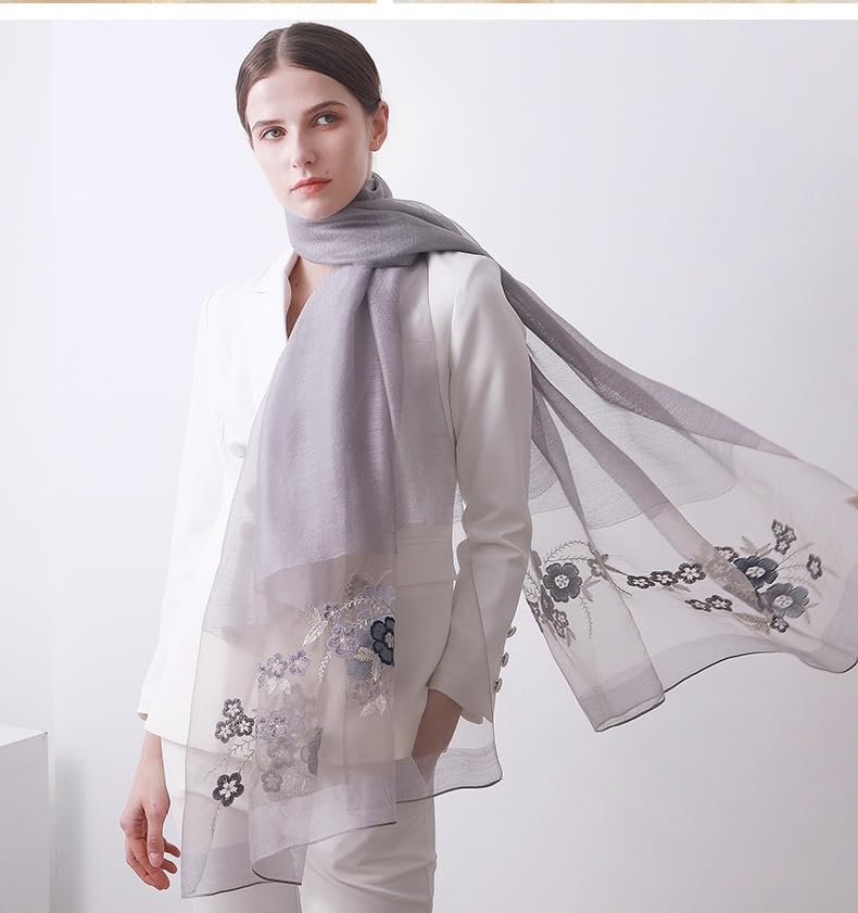 Jeelow Silk Blend Floral Fashion Scarf Shawl Wrap Lightweight Sheer For Women Floral Embroidery Wedding Party Prom - color: Petal Misty Grey