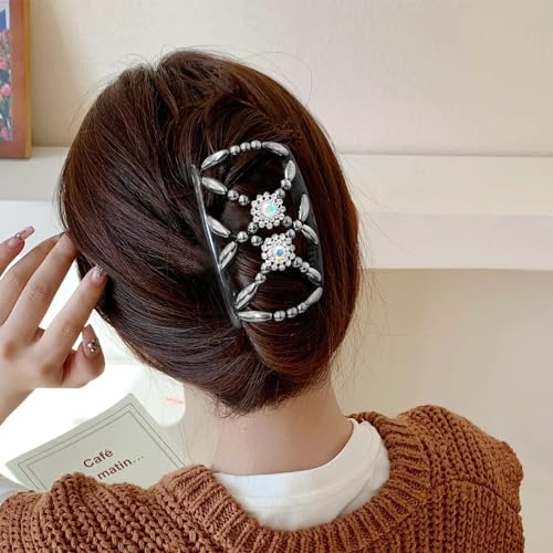 Quacc 2pcs Magic Bead Hair Combs Stretch Beaded Hair Combs Double Sided Clips Hair Comb for Women Girls DIY Hairstyling Hair Accessories (Black and White)