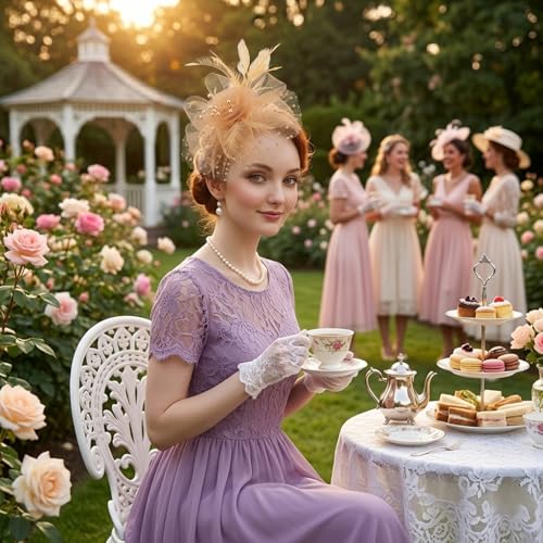 DRESHOW Fascinators Hat Flower Mesh Ribbons Feathers on a Headband and a Clip Tea Party Headwear for Girls and Women - color: 7" Diameter / Gold