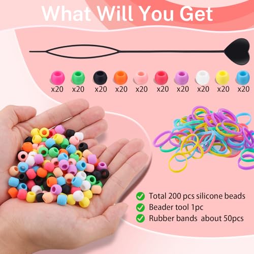 TINKRSTUFF 200Pcs 10mm Small Silicone Beads for Hair Braids, Soft Jellyish Pony Hair Beads with 5mm Hole + 50 Rubber Bands and 1 Beader for Braiding, DIY Bracelets Necklaces Crafts (Multicolors) - color: Multicolor-200Pcs