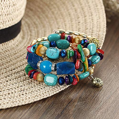 Women Beaded Bracelet Set | Colorful Boho Stackable Trendy Design with Crystal Accents Multilayer Bangle Bracelet | Fashion Stretch Braclets Jewelry for Women - color: Teal.